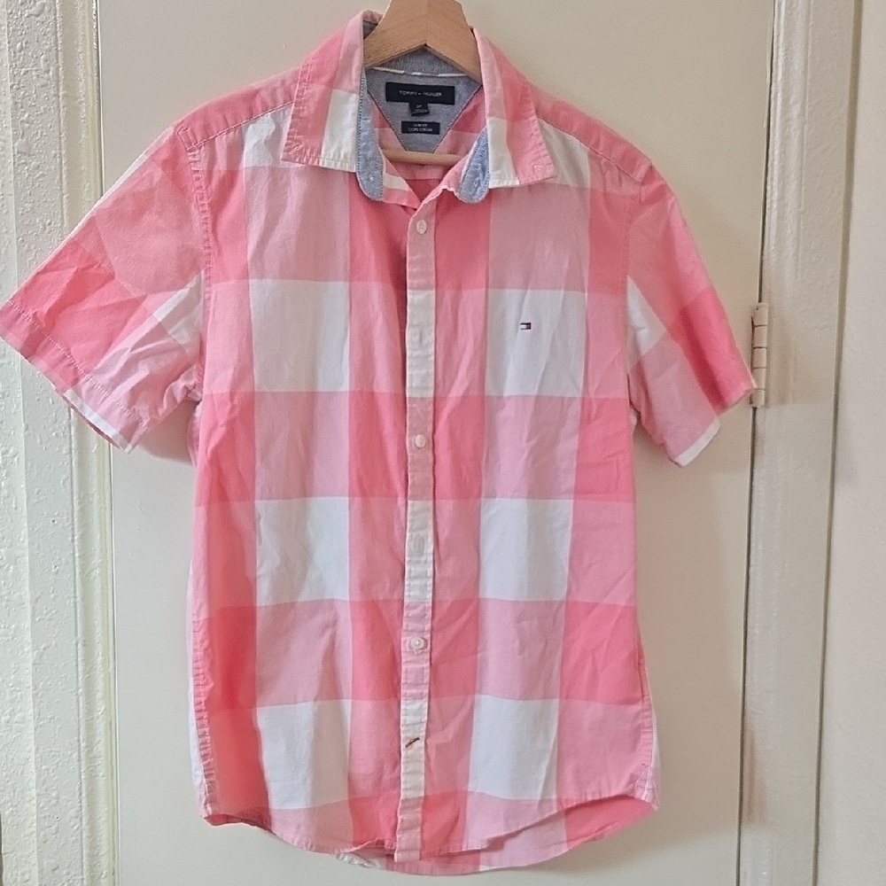 Tommy Hilfiger Men's Pink and White Plaid Shirt